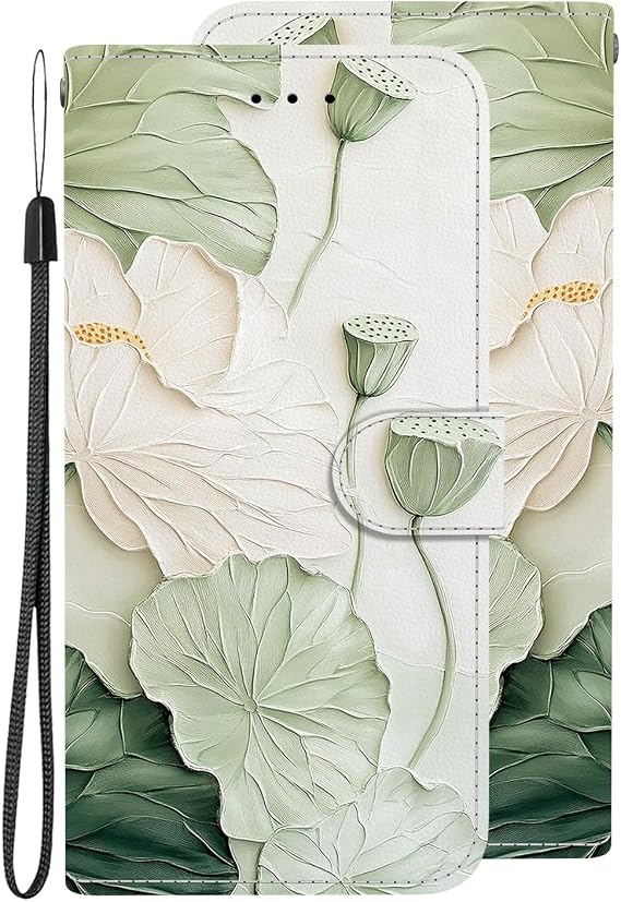 Art Designed Flip Wallet for Realme C55,Case Fancy Green 3D Effect Lotus Leaf and Lotus Root Illustration Protection with Standing Card Holder and Wrist Strap for Realme C55