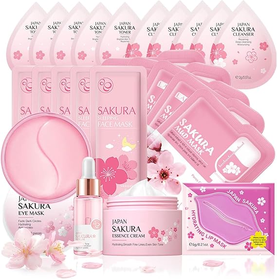 Pamper Gifts for Women, Sakura Skin Care Sets & Kits, Skincare Set for Teenage Girls with Cream,Serum,Toner,Cleanser,Eye Mask,Sleep Mask,Mud Mask,Lip Mask for Exfoliating Hydrating (24PCS)