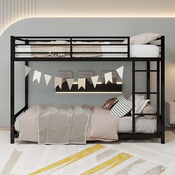 Metal Twin Over Twin Bunk Bed, Heavy Duty Bunk Bed Frame with Safety Guardrail, 400 lbs Capacity Convertible Bunkbed for Kids Teens, No Box Spring Needed (Black)
