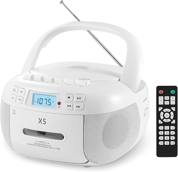 Portable CD and Cassette Player Combo Boombox with Bluetooth, AM FM Radio
