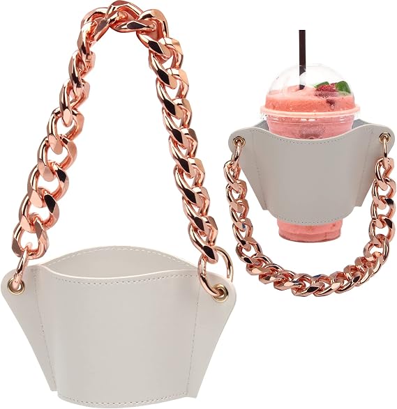 Coffee Cup Chain Holder, Windspeed Reusable PU Leather Cup Sleeve with Detachable Metal Chain Strap Stylish Portable Cup Sleeves Protector Cover for Cold Hot Drinks (White)