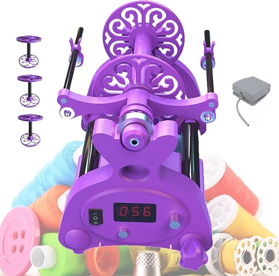 Household Electric Fiber Spinner Mini Spinning Wheel Yarn Wool Spinning Fibre Spinning Wheel with 3 Small Spools, Twisting Forward and Reverse, for Fiber Spinning DIY Studio(Purple)