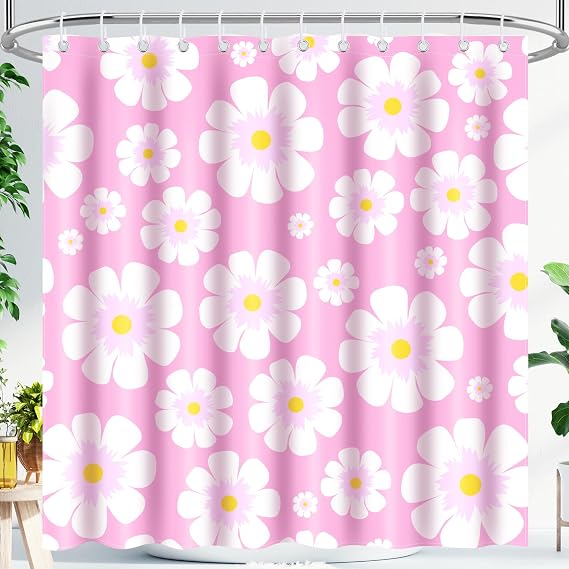 Fiodrimy Pink Floral Shower Curtain, Cute Girly Shower Curtain Set 72" W x 72" L Bathroom Curtain, Washable Waterproof Cloth Shower Curtain Bathroom Decoration with 12 Hooks