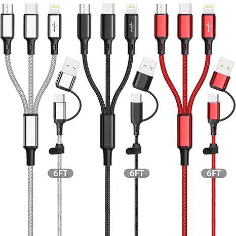Multi Charging Cable 3Pack-6ft, 6 in 1 Multiple Phone Charger Cable - Universal USB A/C to Lightning/Type C/Micro USB Port for Cell Phone (Gray, Black, Red)