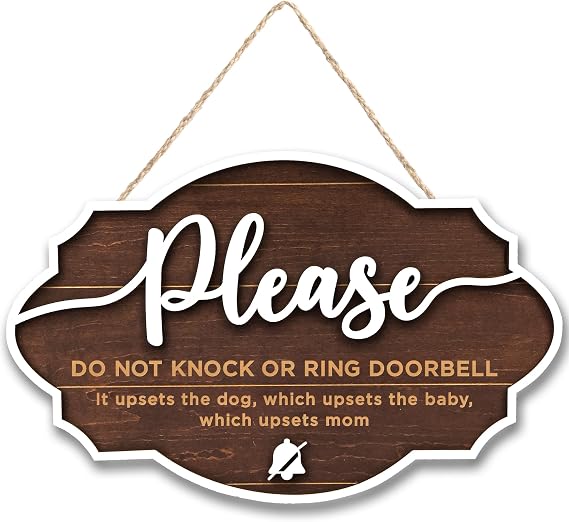 Do Not Ring Doorbell Sign Baby Sleeping, 12x8 Brown Wood Sign | 12x8x0.3 in wood sign, raised 3d lettering, do not knock, nursery nap time, new parent gift