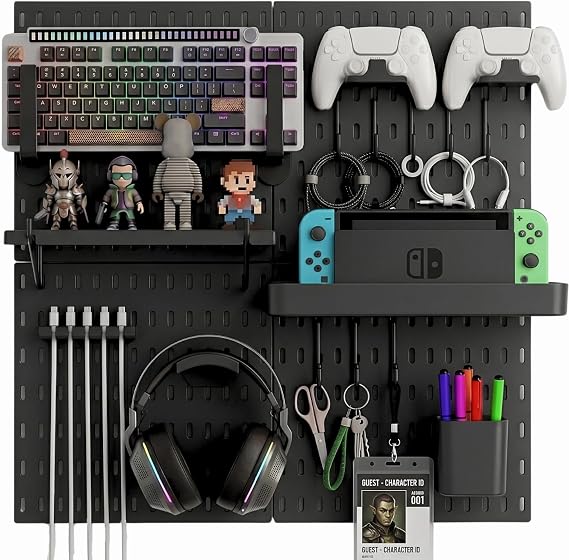 Keepo Peg Board Wall Organizer for Gaming Setup, Pegboard with Adhesives & Screw Mounts, Includes Peg Board Accessories for Gaming Accessories, Tech Storage & Office Organization (Black, 2222)