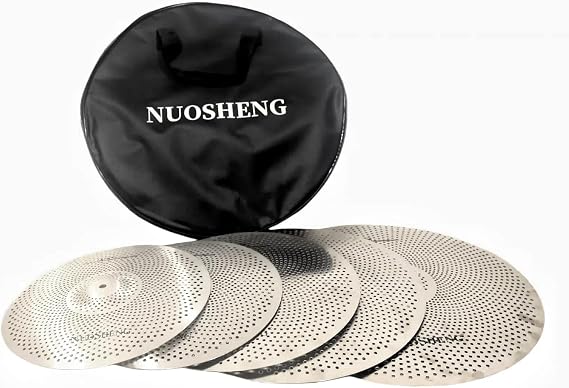 Cymbal Set - 5pc Low Volume Cymbal Pack - Silver - Hi-Hat (14"), Crash (16", 18"), Ride (20") - Quiet Practice Cymbals with Case