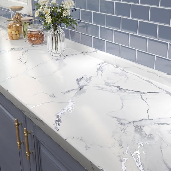 FunStick Thick Silver White Marble Contact Paper for Countertops Removable Marble Countertop Contact Paper Peel and Stick Countertops Waterproof White Marble Kitchen Wallpaper for Cabinets Counter Top
