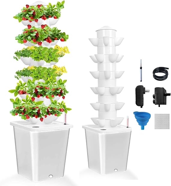 Hydroponics Growing System Tower, Hydroponic Tower, Aeroponic Tower with 10L Tank, 6-Layers 30-Plants, Soilless Cultivation Vertical Hydroponic Garden Tower (White)