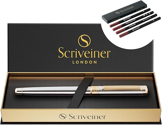Scriveiner Silver Chrome Rollerball Pen - Stunning Luxury Pen, Real Gold Plating bundle with Rollerball Refill Black Medium - 4 Refills in one box