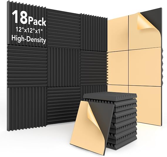 18 Pack Acoustic Foam Panels with Self-Adhesive, 12x12x1 Inches Wedge Soundproofing Panels for Walls, High Density Soundproof Foam for Studio, Home Office, Gaming Room