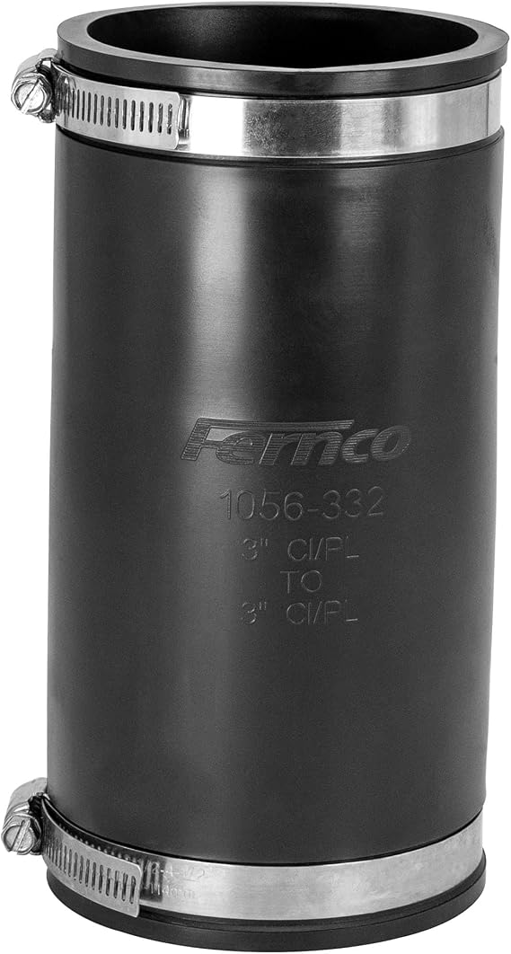 Fernco XL 1056-332 Flexible Pipe Coupling 3 Extra-Long DWV Connector with Stainless Steel Clamps Positive Seal for Cast Iron, PVC, Steel & Lead Plumbing Repair
