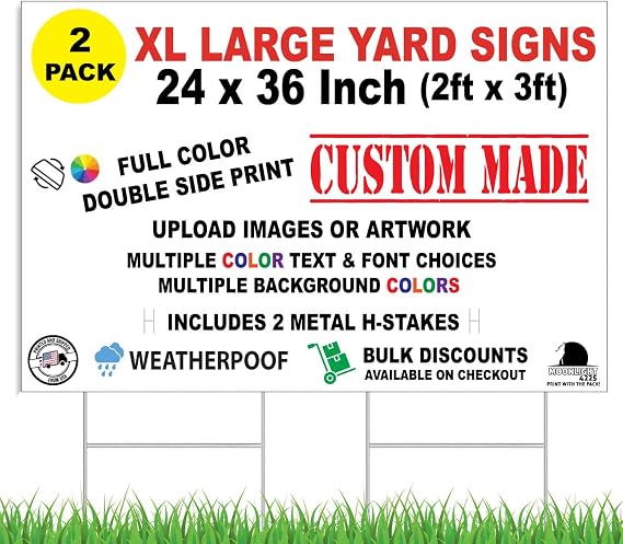 2 Pack Custom + Personalized Yard Signs Large, 24 x 36 Inch, Double Sided Printing, Metal Stakes Included | Upload Your Own Image and Text (2)