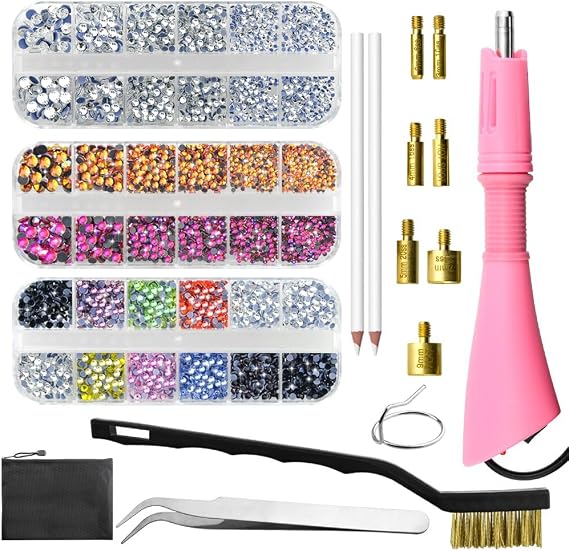 Bedazzler Kit, with Rhinestones, Hot Fix Applicator Tool, Diamond Painting Pen, 7 Different Size Tips, Tweezers, Brush Cleaning Kit for DIY Clothing Shoes Pink