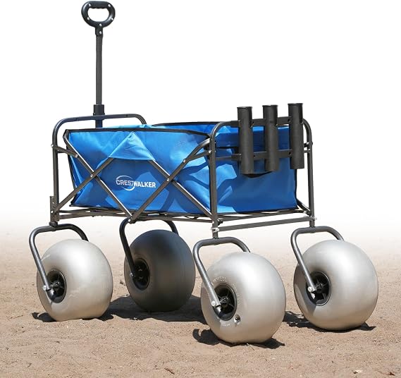 Beach Wagon with 13 Balloon Wheels, Collapsible Cart with Big Wheels for Sand, Heavy Duty 300 lbs Capacity, Folds Thin with Quick-Release Forks (Rod Holder Model, 13'' Tire)