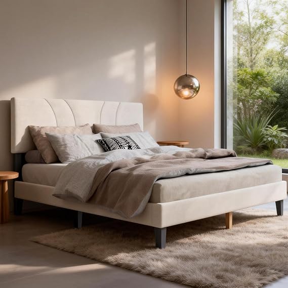Full Size Bed Frame, 700lbs Upholstered Bed Frame with Headboard, Bedframe with Heavy Duty Slats Support, Platform Bed with Wooden Slats Support, No Box Spring Needed, Easy Assembly