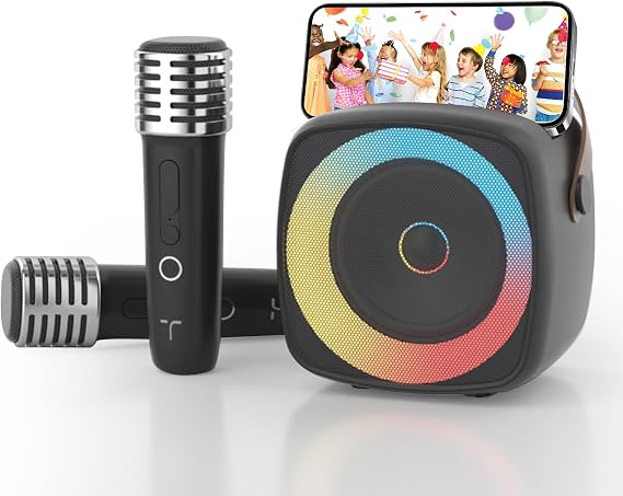 Karaoke Machine 2 Microphones for Boys Girls, Wireless Portable Bluetooth Speaker with Dynamic Lights for Kids Adults Mini Voice Changer Mic Speaker Set with Phone Holder for Home Party(Black)