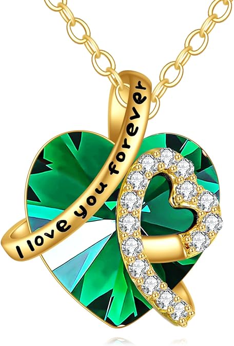 KECHO 14K Real Gold I Love You Forever Necklace Solid Yellow Gold Heart Birthstone Crystal Pendant Jewelry Birthday Mother's Day Anniversary Christmas Gifts for Women