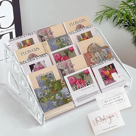 Sticker Display, 5 Tier Card Display Stand, Clear Display Stand Holds Business Brochure Postcard Greeting for Office Home Desk Vendor Events Booth,Trading Cards Baseball Sports Cards Display