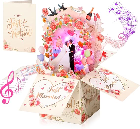 Wedding Card with Music and Light, Just Married 3D Pop Up Wedding Cards | 3D Pop Up Wedding Gift Card for Bride and Groom Daughter, Best Friend, Cash Card for Weddings Engagement