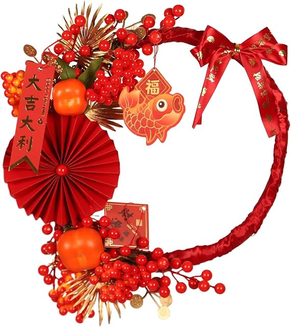 Chinese New Year New Year Artificial Flower Wreath for Front Door, Spring Festival Decorations Home Decor