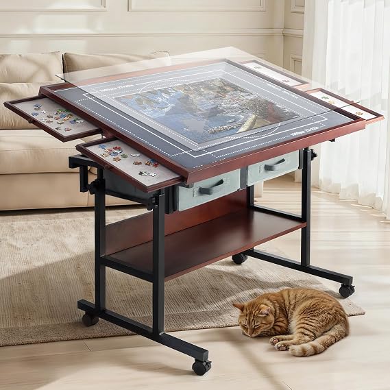 Rotating Puzzle Table with Drawers - 1500 Pieces Jigsaw Puzzle Board for Adult, Adjustable Height & Tilt Angle Wooden Jigsaw Table with Cover