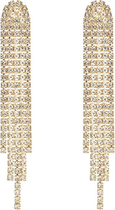 Mlouye 2.8"L Rhinestone Earrings Dangling Chandelier Earrings 5 Tassel Fringe Crystals Dangle Earring
