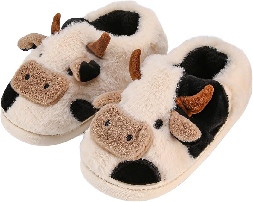 Fluffy Cow Slippers, Novelty Cute Animal Fuzzy Plush House Shoes for Women
