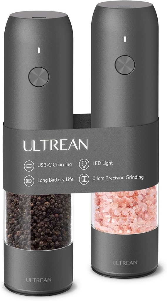 Ultrean Salt and Pepper Grinder Set, Rechargeable Salt and Pepper Shakers, 6 Adjustable Coarseness, LED Light, Kitchen Gadget & Housewarming Gift, Cooking Gifts for Men, Stainless Steel