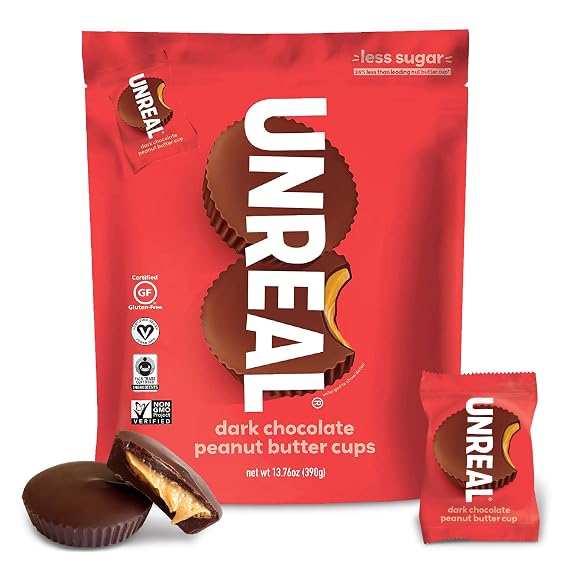 UNREAL Dark Chocolate Peanut Butter Cups| 5g Sugar | Certified Vegan, Gluten Free, Fair Trade, Non-GMO | No Sugar Alcohols or Soy | 13.75 oz Bag