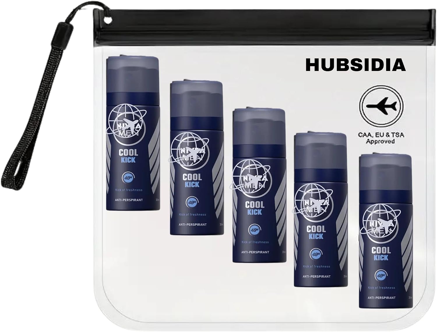 Travel Size Deodorant for Men Antiperspirant Bundle with 5 x N Cool Kick Travel Size 35 ml and 1 x Hubsidia Clear Travel Bag Airport Approved