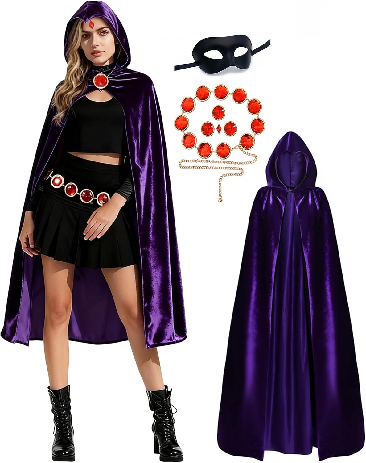 Purple Cape with Hood Plush Women Anime Hooded Cloak with Eye Mask Red Gemstone Waist Chain Halloween Cosplay Costume