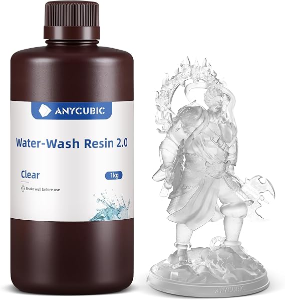 ANYCUBIC Water Washable Resin 2.0 for 3D Printers, 405nm, UV Resin for LCD/DLP/SLA 3D Printers, Water Washable, Light Curable Resin, Eco-Friendly, 1kg Transparent