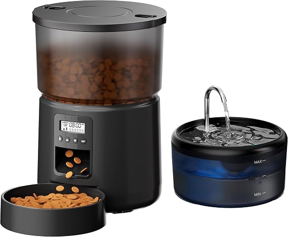 Automatic Cat Feeder and Water Fountain: Cat Food Dispenser with Timer and Pet Drinking Fountain Indoor, 3L Pet Feeder for Dry Food &2.4L Faucet Water Fountain Black, Auto Dog Bowl Programmable 6 Meal