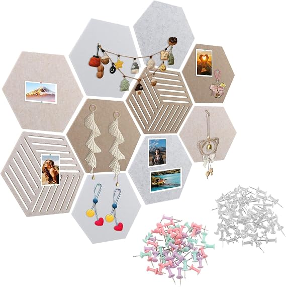 10 Pack Hexagon Self-Adhesive Felt Cork Board Tiles, 1210inch 0.27inch Thick Bulletin Pin Board with 100 Multi-Color Push Pins, Renter Friendly DIY Wall Decor for Home Office Dorm