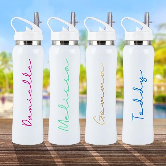 Personalised White Stainless Steel Water Bottle with Flip Straw - Love ANY NAME Vinyl Island Inspired Font, Metal 800ml Reusable Drinks Bottle