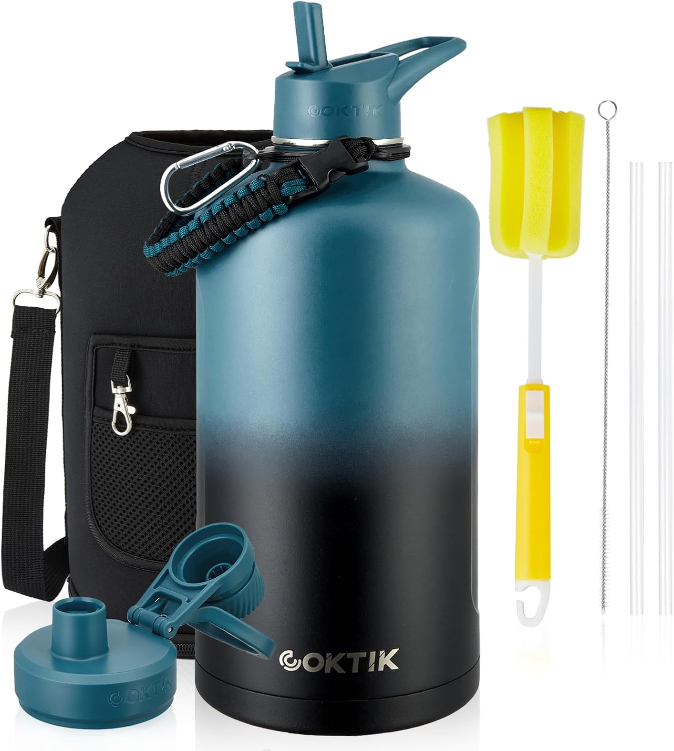 COKTIK 128 oz Insulated Water Bottle, Triple Wall Stainless Steel Flask, Keeps Drinks Cold for 48 Hrs Leak-Proof & BPA-Free Half Gallon Jug with Paracord Handle, Straw & Spout LidsIndigo Black