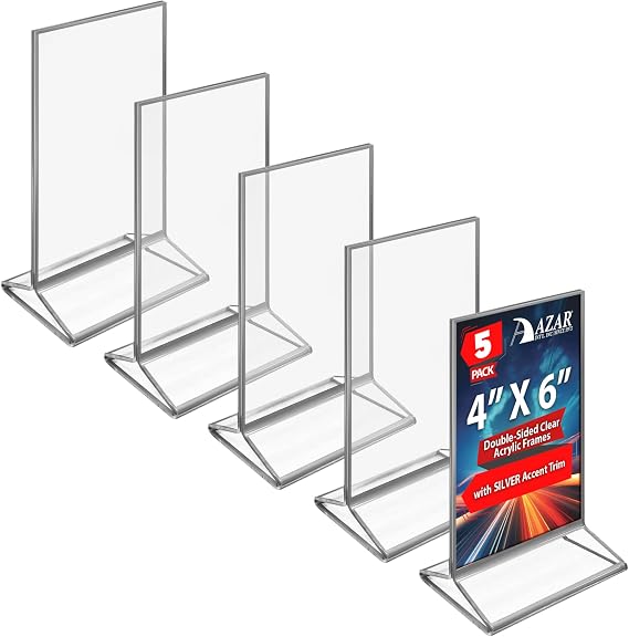 Azar Displays 152792-SLV-10PK Silver Trim Double-Sided Clear Acrylic Frames Elegant Display Frames for Weddings, Events, and Photos | Premium 4X6 Tabletop Sign Holders (10-Pack)