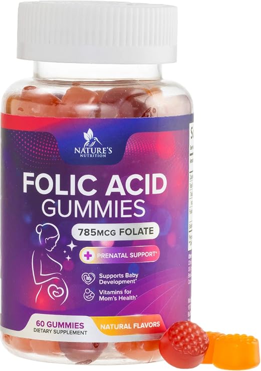 Folic Acid Gummies - Essential Prenatal Vitamins for Women - Daily Folate Vitamin B9 for Mom & Baby Development Support - Before During & After Pregnancy, Natural Orange & Cherry Flavor - 60 Gummies