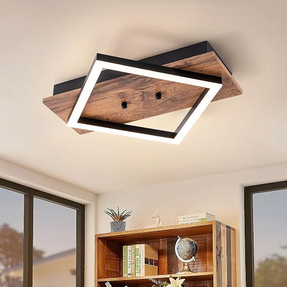 EDISLIVE 13.2in Modern Wood LED Ceiling Light Square Flush Mount Lighting Fixture 14W 3000K Kitchen Ceiling Lights for Bedroom Living Room Kitchen Hallways