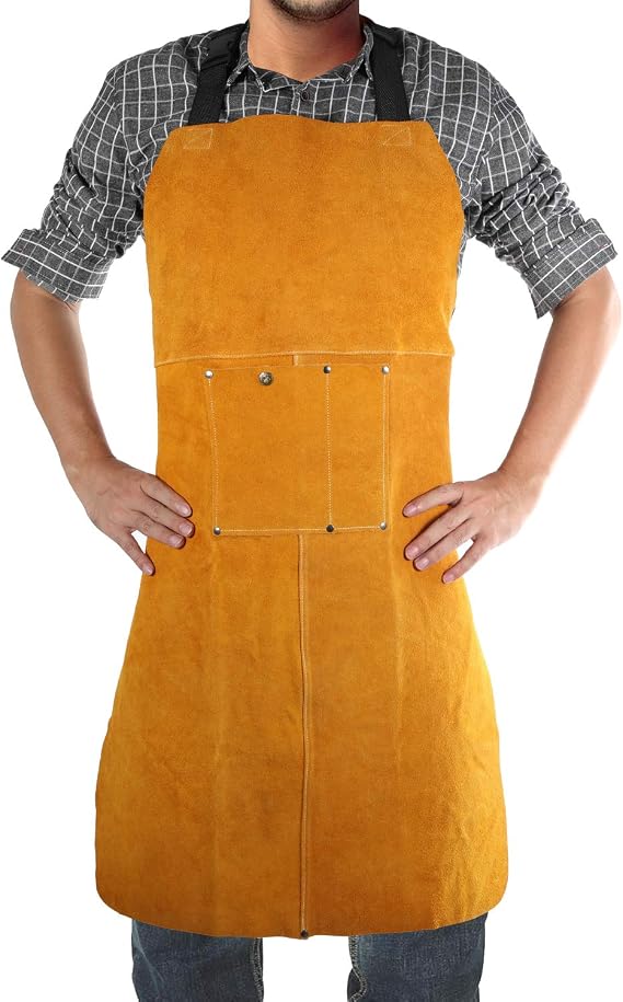 Leather Welding Apron, Flame & Spark Resistant Bib, Safety Smock, Protective Clothing Gear for Blacksmiths, Welders & Woodworkers, 23x35 inches