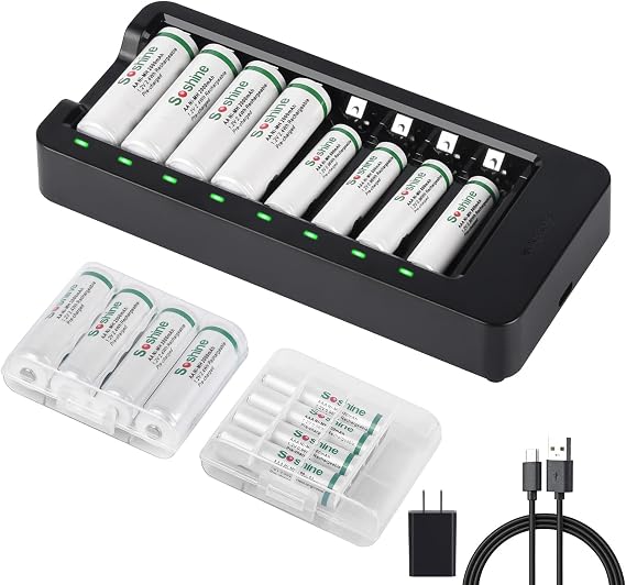 AA AAA Battery Charger with 16-Pack Rechargeable Batteries (8 AA 2000mAh & 8 AAA 800mAh), 8-Bay Smart Charging Station with 5V 2A Adapter