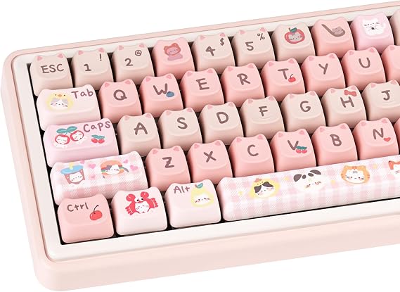 PBT Keycaps Hooded Cat Pink Mao Profile Cute MX Switch Key Cap | 135 Keys, Dye Sublimation Legends, 60%-100% Layouts, Custom Keycaps, Custom Build, Keyboard DIY, Daily Typing, Home Office