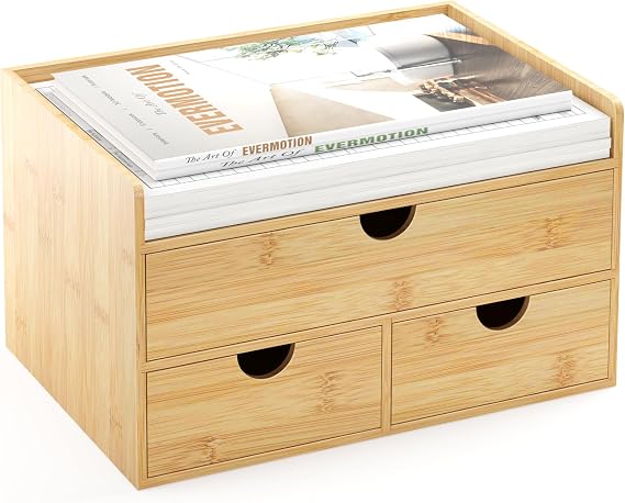Bamboo Desk Organizer with Drawers, Desktop Storage Box for Office Supplies