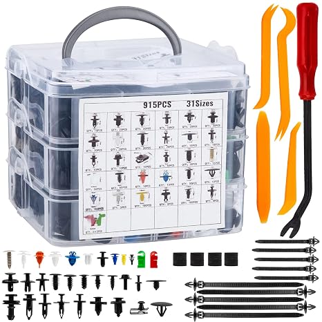 970 PCS Car Push Retainer Clips & Auto Fastener Trim Clips Kit, with 31 Most Popular Sizes Nylon Bumper Fender Rivets and Door Panel Fastener Removal Tool for GM Toyota Honda Mazda Nissan
