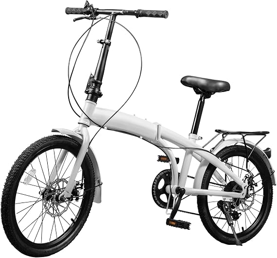 Foldable Bicycle with 7 Speed Gears, 20 Inch Tires White Folding Bike Folding City Bicycle Mountain Bike, Carbon Steel Frame Disc Brake Front and Rear Fenders, for Traveling Exercising Commuting