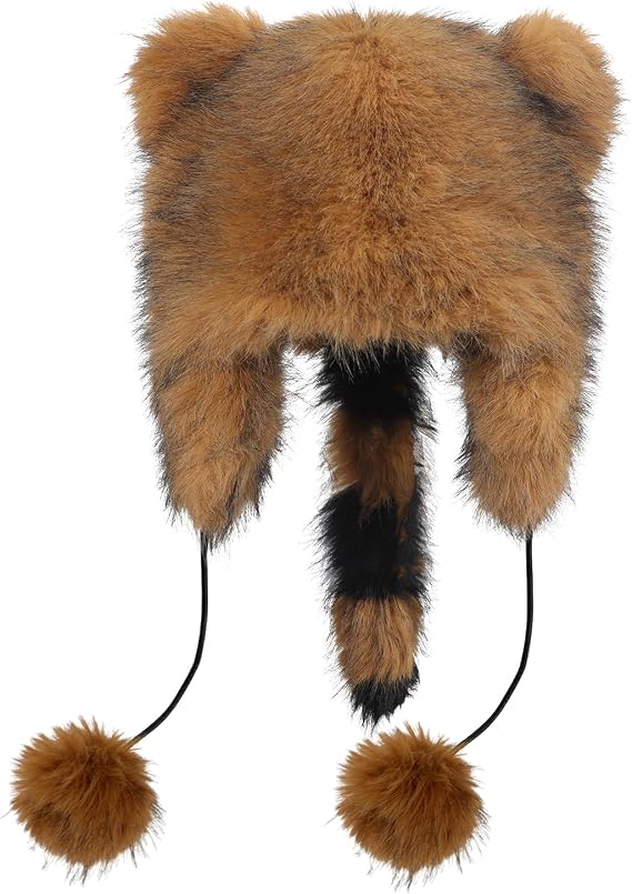 Winter Thermal Plush Furry Earflap Ushanka Hat Faux Fur Windproof Hooded Beanie Animal Themed Costume Hat for Men Women