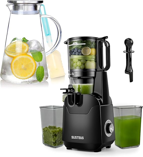 SUSTEAS Cold Press Juicer, 5.3" Large Feed Chute Fits Whole Fruits & Vegetables, 64oz Batch Capacity and 68oz Glass Pitcher Jar with Lid and Nozzle, 2.11Quart Cold/Hot Water Glass Water Bottle