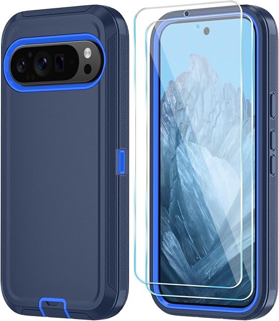 Qinmay 携帯電話ケース Google Pixel 10 Pro XL用 HDスクリーンプロテクター付き、高耐久 耐衝撃 & 落下防止 3層カバーフォンケースダークブルー、Pixel 10 Pro XL用