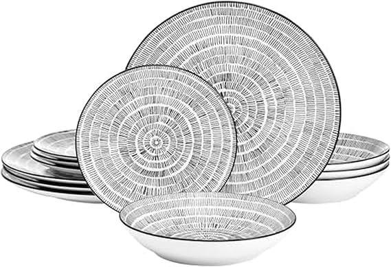 Pfaltzgraff Sketch Serenade Geometric 12 Piece Plates Bowls Dinnerware Set, Black and White